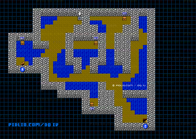 女神像の洞窟B2・仕掛け作動前のマップ画像 ／ FC版ドラゴンクエストIV攻略 ─ pidlio.com